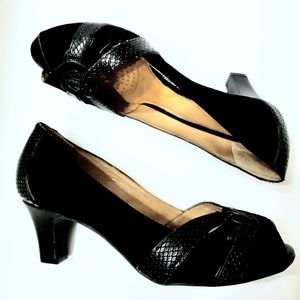 Nuture Black Leather Open Toe Heels